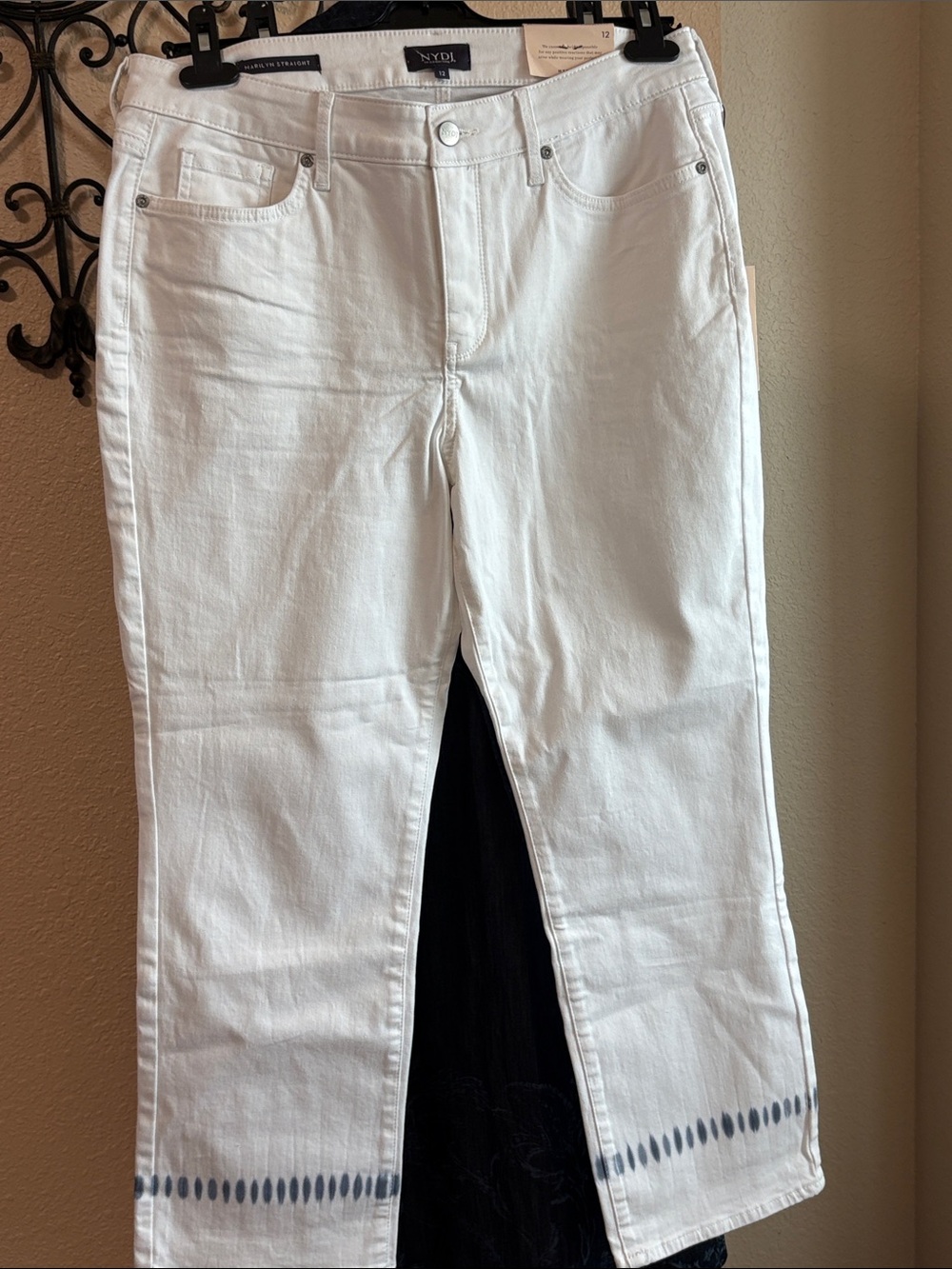 NYDJ Marilyn Straight Ankle Wave Tie Dye Jeans White & Blue sz 12